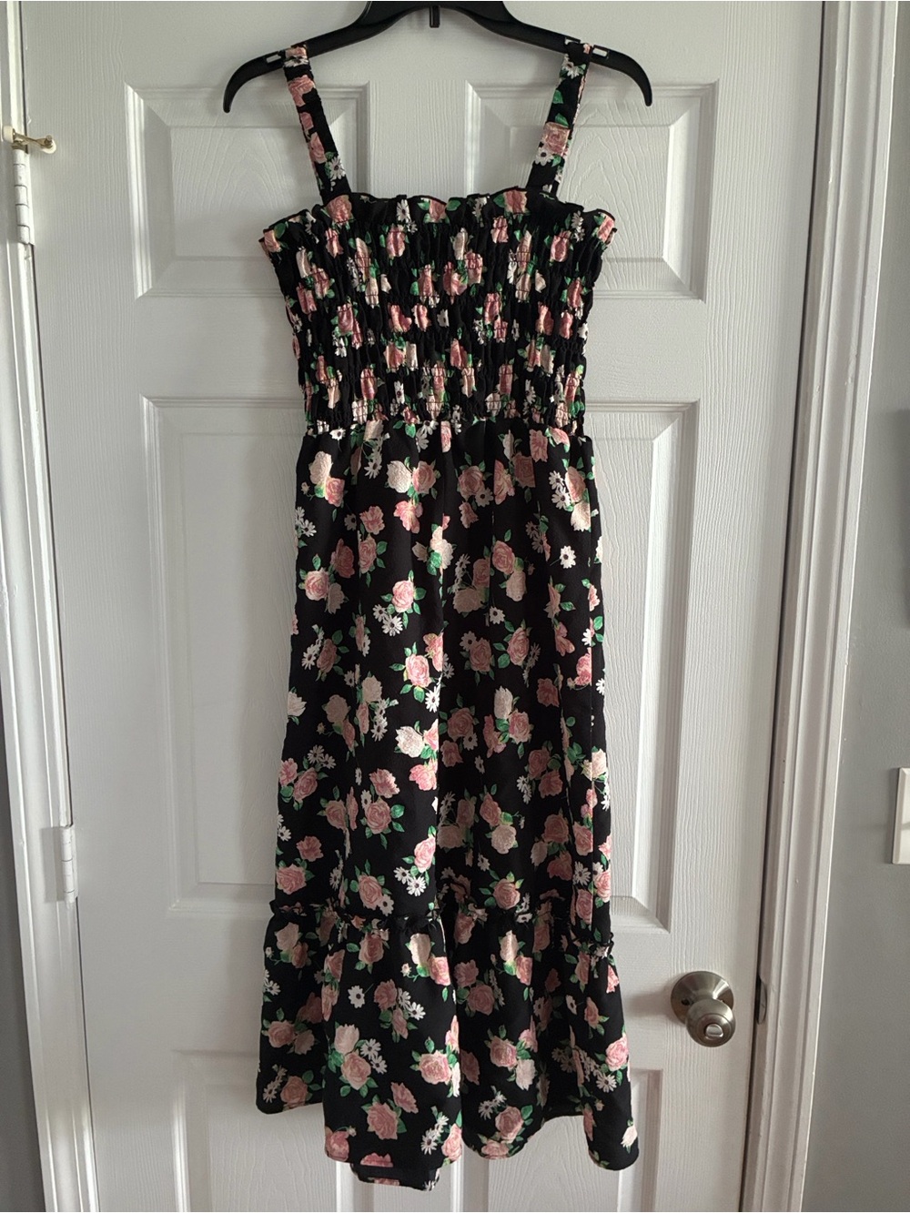 H&M Black Floral Smocked Sundress with Pink Roses